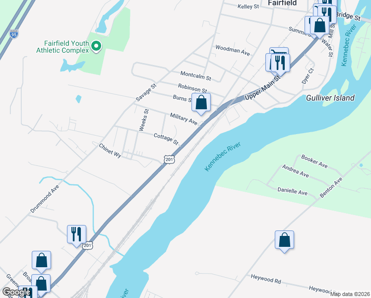 map of restaurants, bars, coffee shops, grocery stores, and more near 29 Main Street in Waterville