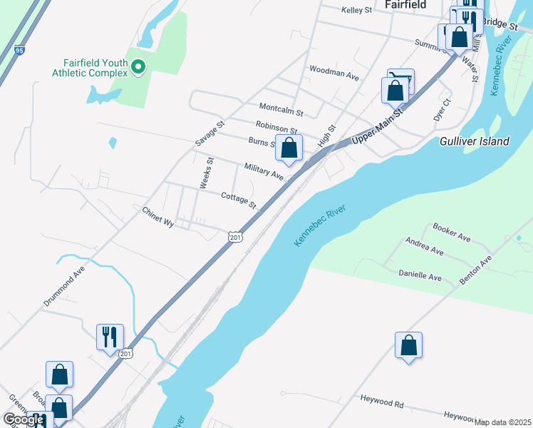map of restaurants, bars, coffee shops, grocery stores, and more near 20 Main Street in Waterville