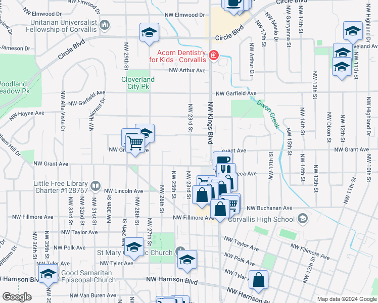 map of restaurants, bars, coffee shops, grocery stores, and more near 1321 Northwest 23rd Street in Corvallis
