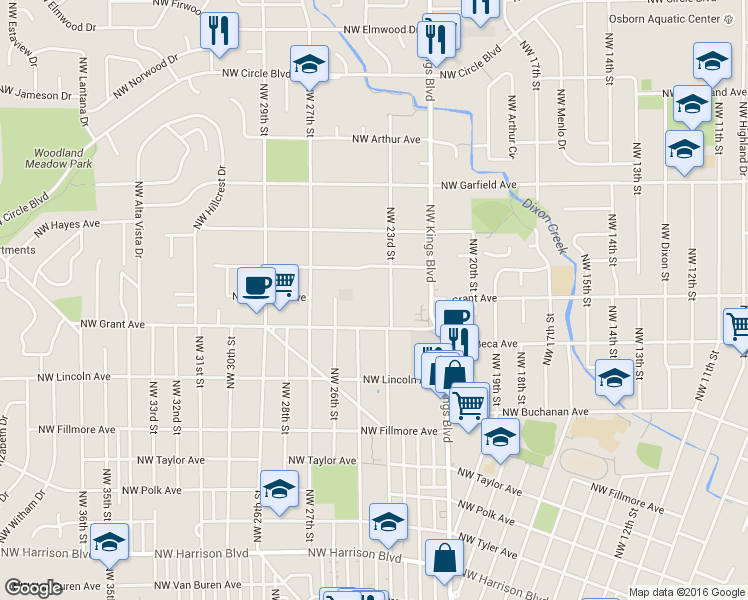 map of restaurants, bars, coffee shops, grocery stores, and more near 2504 Northwest Mulkey Avenue in Corvallis