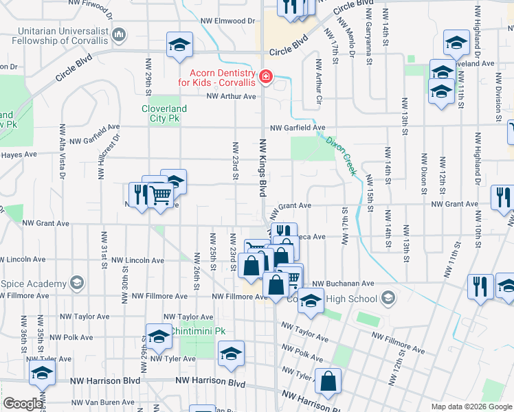 map of restaurants, bars, coffee shops, grocery stores, and more near 1230 Northwest Kings Boulevard in Corvallis