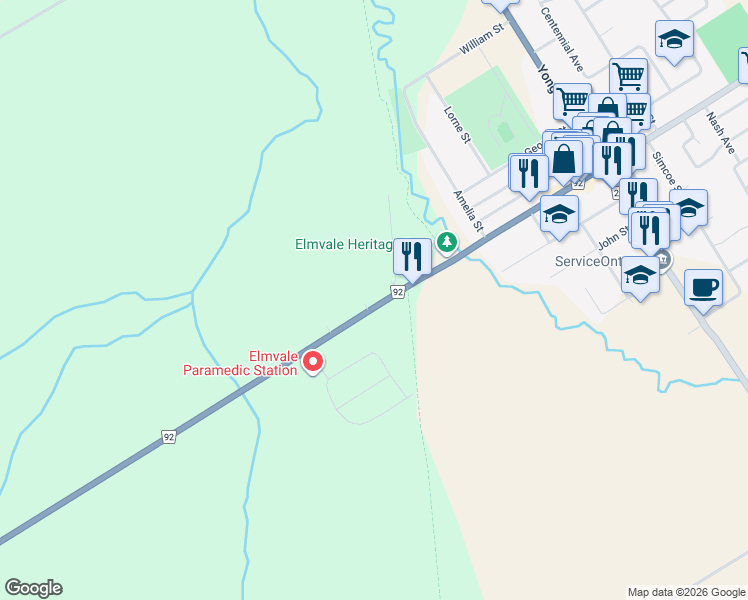 map of restaurants, bars, coffee shops, grocery stores, and more near 15-1 Thurlow Street in Elmvale