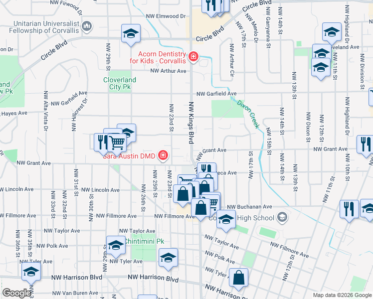 map of restaurants, bars, coffee shops, grocery stores, and more near in Corvallis