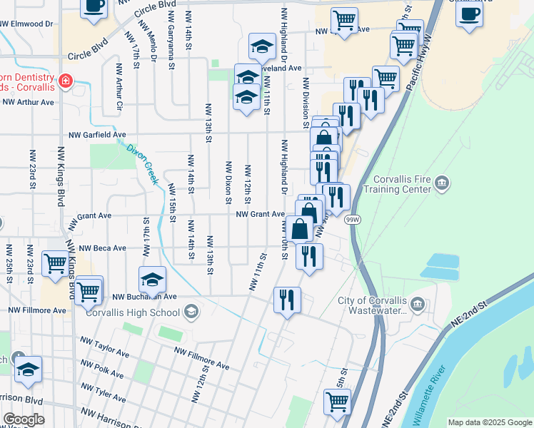 map of restaurants, bars, coffee shops, grocery stores, and more near Northwest 11th Street in Corvallis