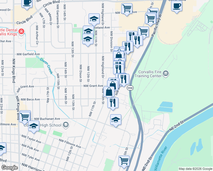 map of restaurants, bars, coffee shops, grocery stores, and more near 941 Northwest Grant Avenue in Corvallis