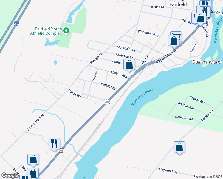 map of restaurants, bars, coffee shops, grocery stores, and more near 29 Main Street in Waterville