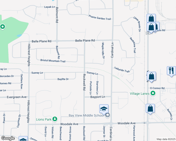 map of restaurants, bars, coffee shops, grocery stores, and more near 2676 Sunray Lane in Green Bay