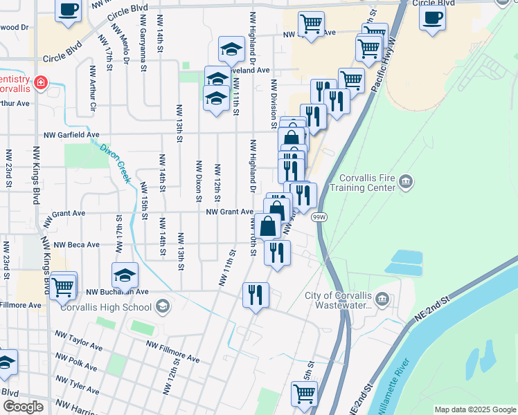 map of restaurants, bars, coffee shops, grocery stores, and more near in Corvallis