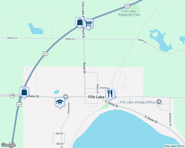 map of restaurants, bars, coffee shops, grocery stores, and more near 101 Maple Street in Fife Lake