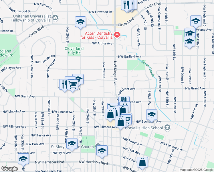 map of restaurants, bars, coffee shops, grocery stores, and more near 1321 Northwest 23rd Street in Corvallis