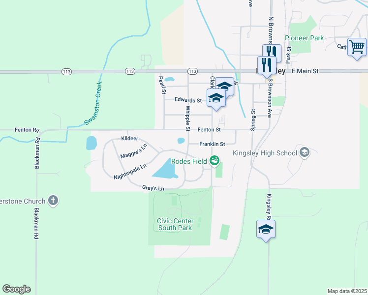map of restaurants, bars, coffee shops, grocery stores, and more near Whipple Street in Kingsley