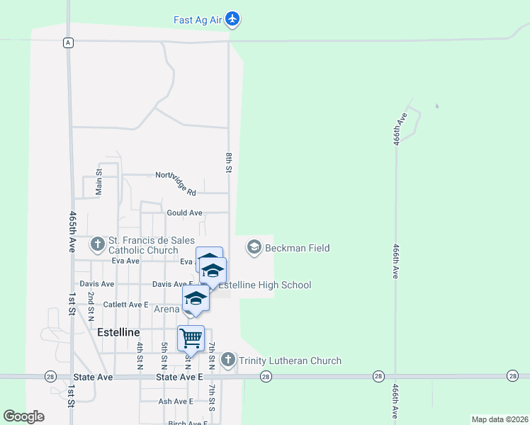 map of restaurants, bars, coffee shops, grocery stores, and more near in Estelline