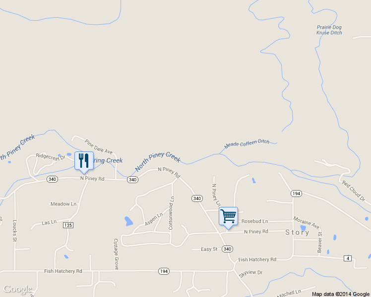 map of restaurants, bars, coffee shops, grocery stores, and more near 65 N Piney Rd in Story