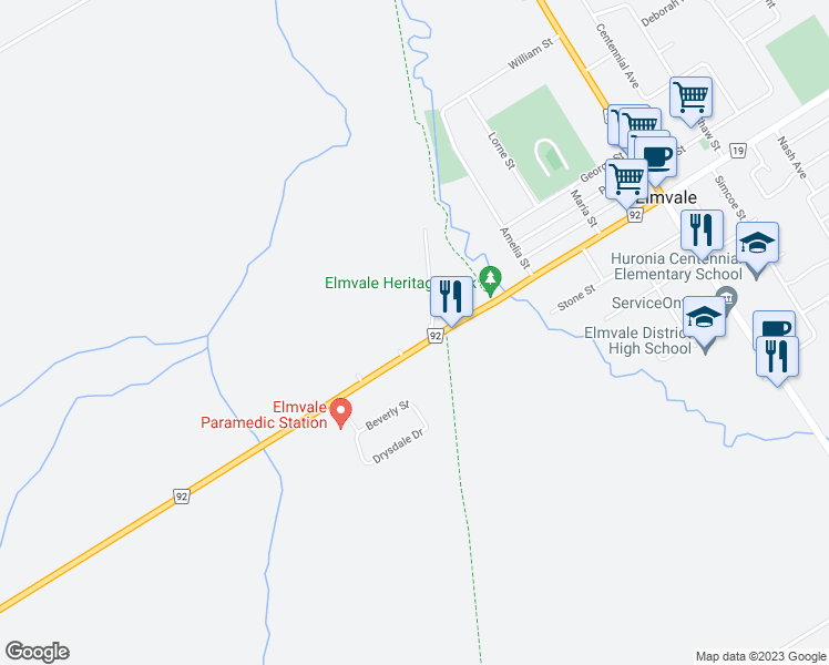 map of restaurants, bars, coffee shops, grocery stores, and more near 15-1 Thurlow Street in Elmvale