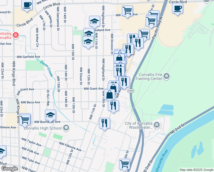 map of restaurants, bars, coffee shops, grocery stores, and more near in Corvallis