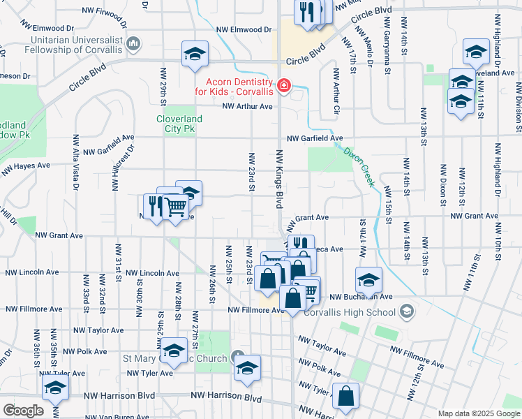 map of restaurants, bars, coffee shops, grocery stores, and more near 1321 Northwest 23rd Street in Corvallis
