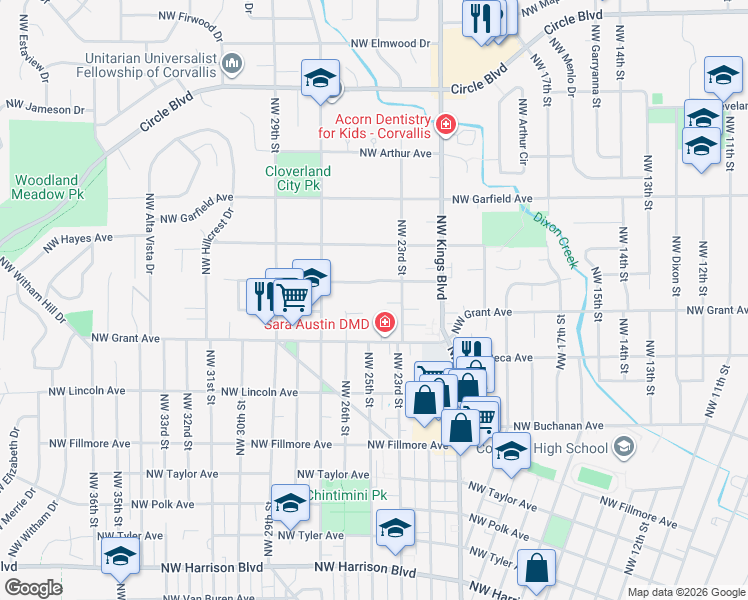 map of restaurants, bars, coffee shops, grocery stores, and more near 1250 Northwest 23rd Street in Corvallis