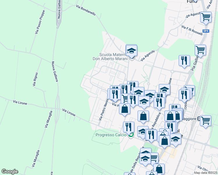 map of restaurants, bars, coffee shops, grocery stores, and more near 68 Via Giorgio La Pira in Castel Maggiore