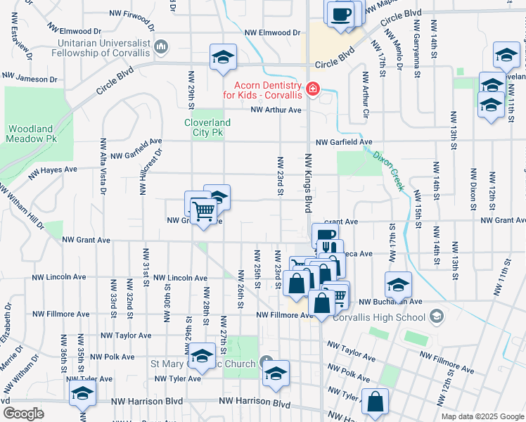 map of restaurants, bars, coffee shops, grocery stores, and more near 1250 Northwest 23rd Street in Corvallis