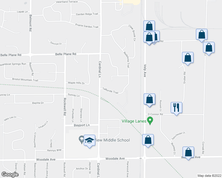 map of restaurants, bars, coffee shops, grocery stores, and more near 2556 Telluride Trail in Howard