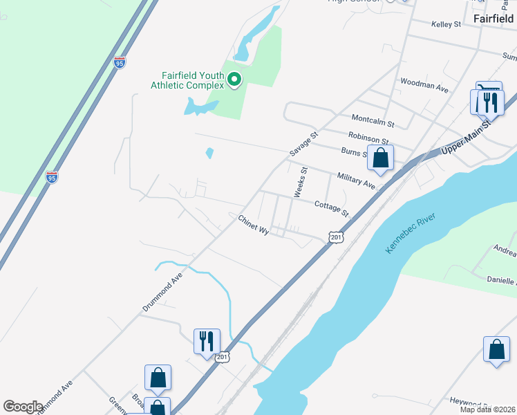 map of restaurants, bars, coffee shops, grocery stores, and more near 9 Keyes Street in Waterville