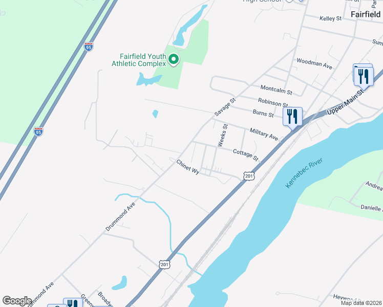 map of restaurants, bars, coffee shops, grocery stores, and more near 9 Keyes Street in Waterville
