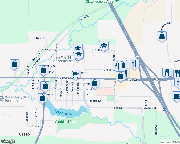 map of restaurants, bars, coffee shops, grocery stores, and more near 13124 East 11th Street in Osseo