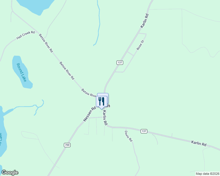 map of restaurants, bars, coffee shops, grocery stores, and more near 7323 Karlin Road in Interlochen