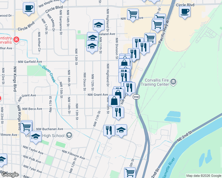 map of restaurants, bars, coffee shops, grocery stores, and more near in Corvallis