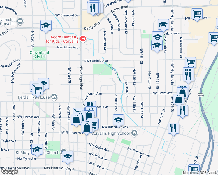 map of restaurants, bars, coffee shops, grocery stores, and more near 1717 Northwest Grant Avenue in Corvallis