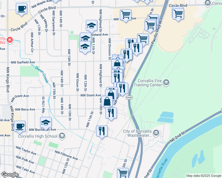 map of restaurants, bars, coffee shops, grocery stores, and more near 875 Northwest Grant Avenue in Corvallis