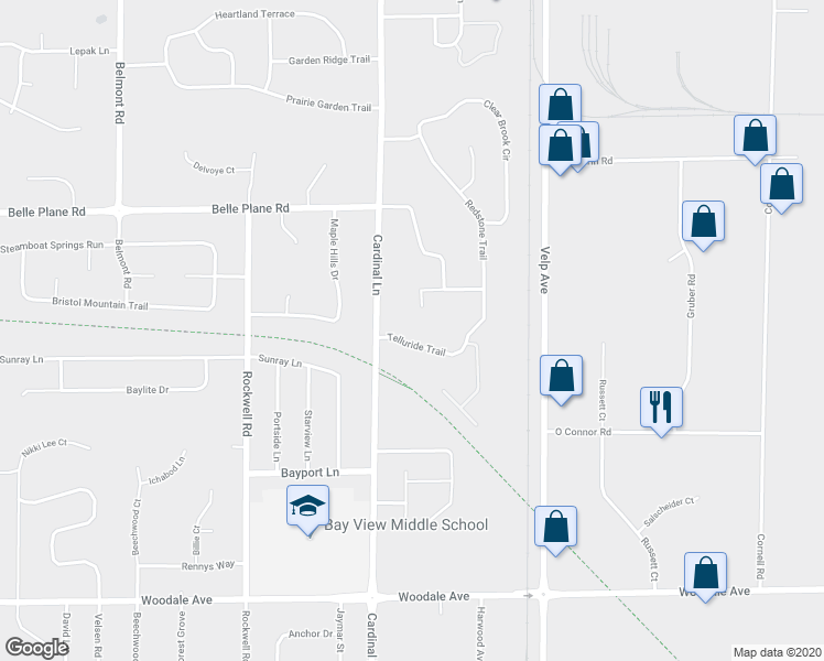 map of restaurants, bars, coffee shops, grocery stores, and more near 2564 Telluride Trail in Green Bay
