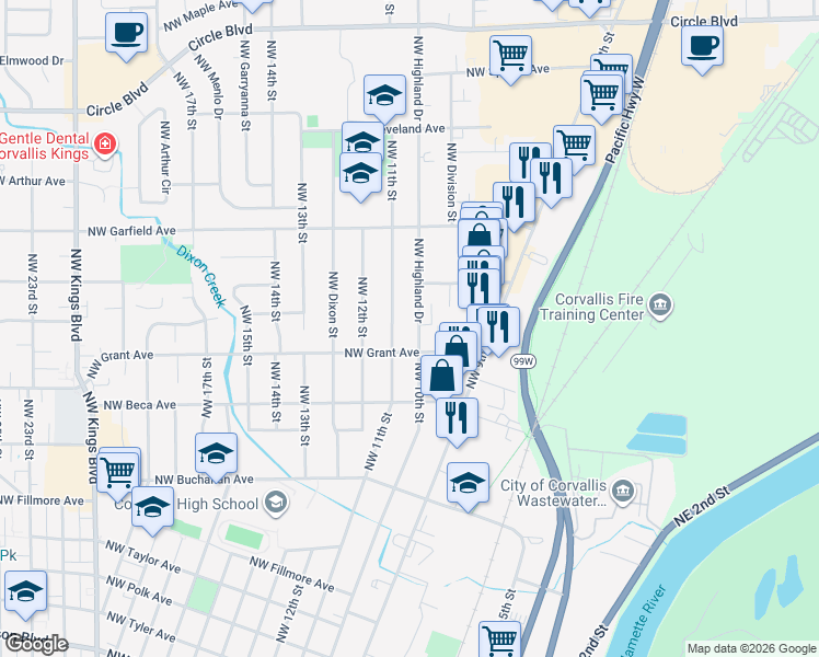 map of restaurants, bars, coffee shops, grocery stores, and more near in Corvallis