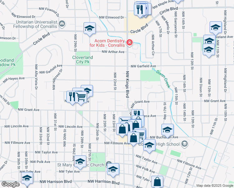 map of restaurants, bars, coffee shops, grocery stores, and more near 1321 Northwest 23rd Street in Corvallis