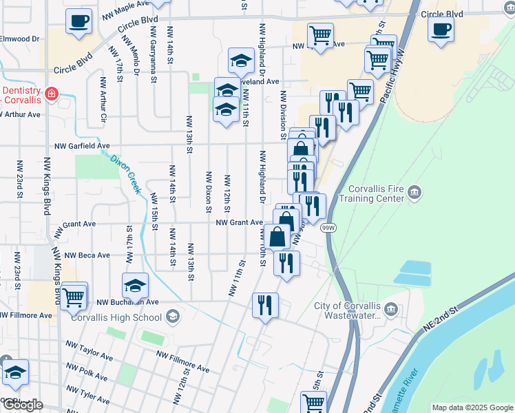 map of restaurants, bars, coffee shops, grocery stores, and more near in Corvallis
