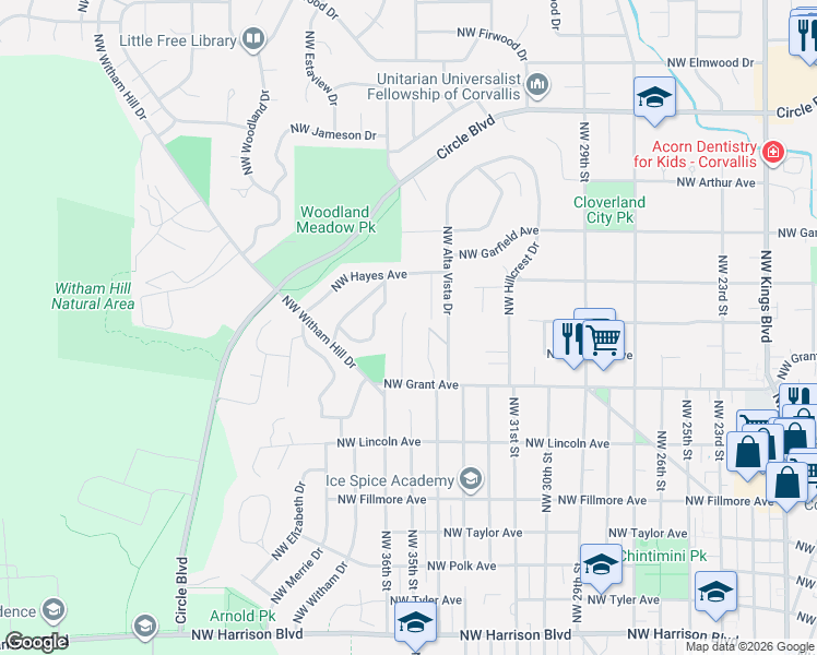 map of restaurants, bars, coffee shops, grocery stores, and more near 11 Northwest Edgewood Drive in Corvallis