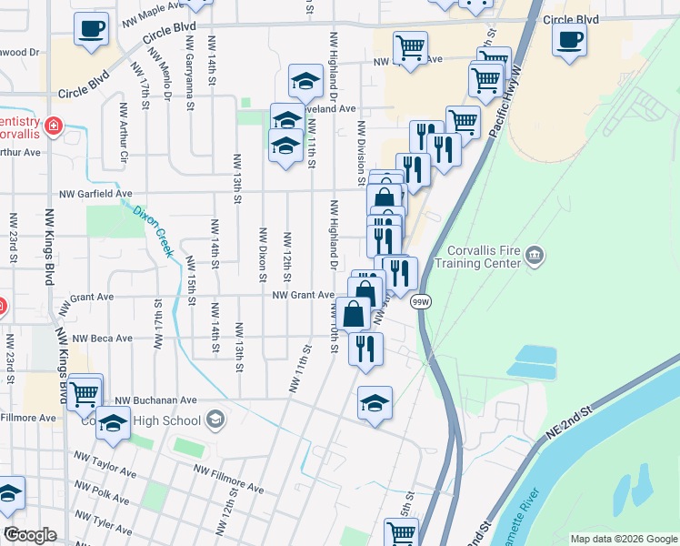 map of restaurants, bars, coffee shops, grocery stores, and more near 1435 Northwest Highland Drive in Corvallis