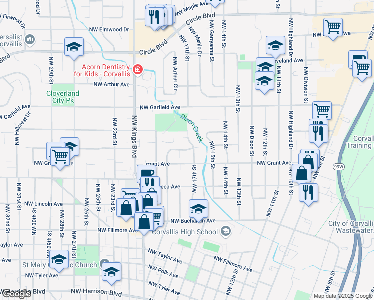 map of restaurants, bars, coffee shops, grocery stores, and more near 1717 Northwest Grant Avenue in Corvallis