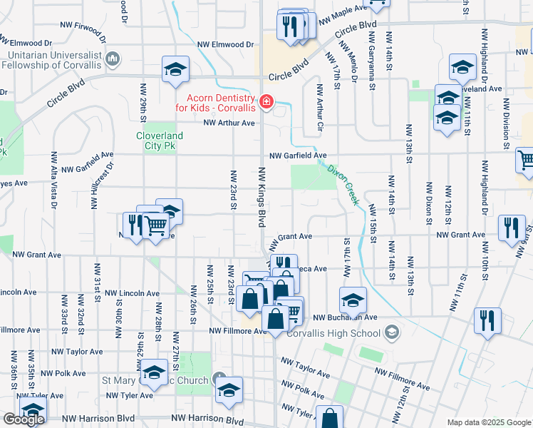 map of restaurants, bars, coffee shops, grocery stores, and more near in Corvallis