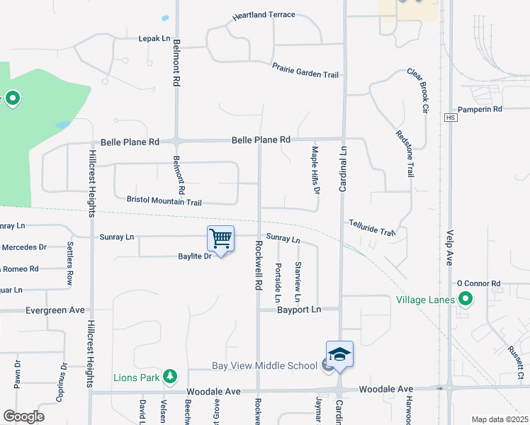 map of restaurants, bars, coffee shops, grocery stores, and more near 2676 Sunray Lane in Green Bay