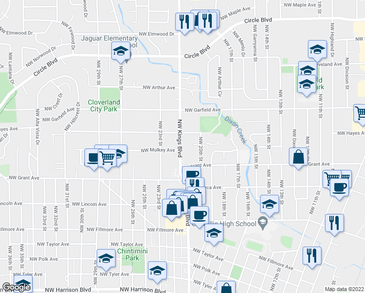 map of restaurants, bars, coffee shops, grocery stores, and more near 1417 Northwest Kings Boulevard in Corvallis