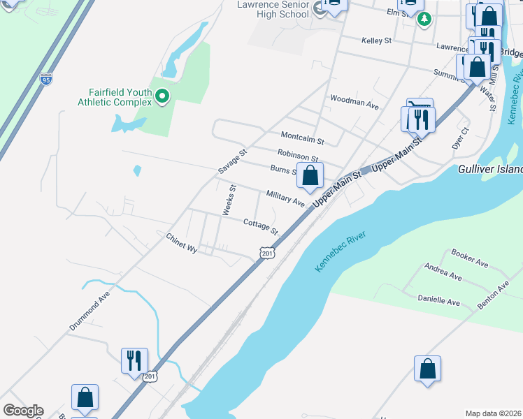 map of restaurants, bars, coffee shops, grocery stores, and more near 11 Crosby Street in Waterville