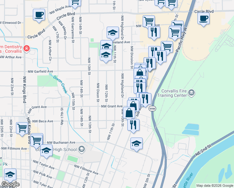 map of restaurants, bars, coffee shops, grocery stores, and more near 1510 Northwest 11th Street in Corvallis