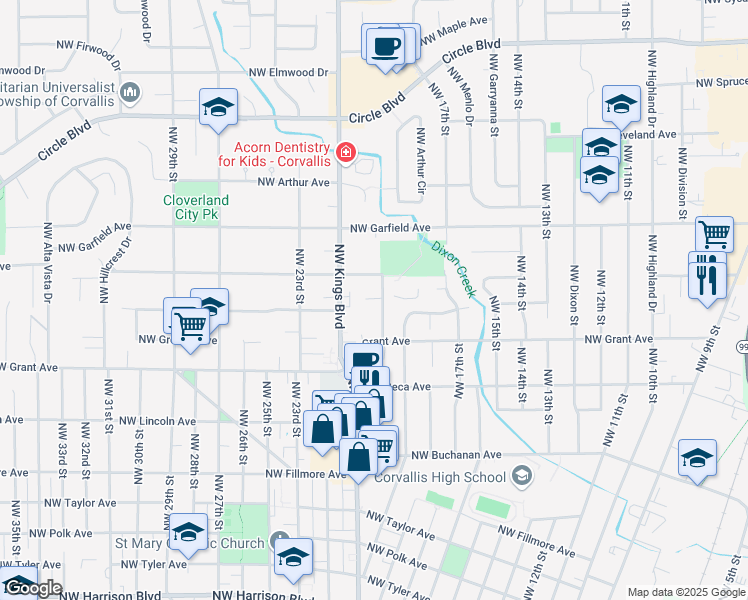 map of restaurants, bars, coffee shops, grocery stores, and more near 1936 Northwest Hayes Avenue in Corvallis