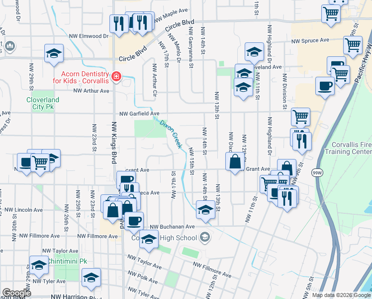map of restaurants, bars, coffee shops, grocery stores, and more near 1430 Northwest 15th Street in Corvallis