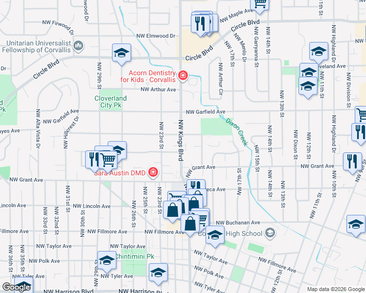 map of restaurants, bars, coffee shops, grocery stores, and more near 1440 Northwest Kings Boulevard in Corvallis