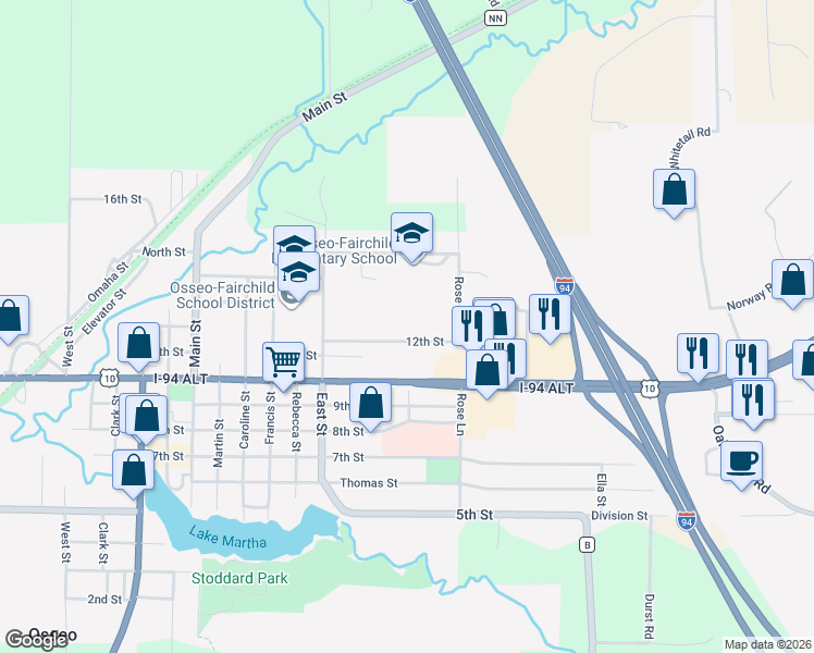 map of restaurants, bars, coffee shops, grocery stores, and more near 13036 12th Street in Osseo