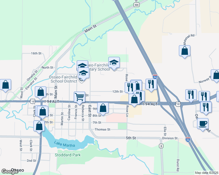map of restaurants, bars, coffee shops, grocery stores, and more near 13036 12th Street in Osseo