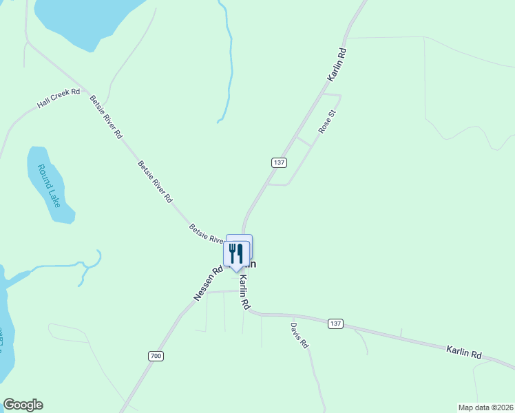 map of restaurants, bars, coffee shops, grocery stores, and more near 7323 Karlin Road in Interlochen