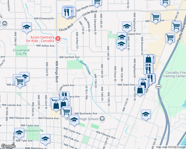 map of restaurants, bars, coffee shops, grocery stores, and more near 1430 Northwest 15th Street in Corvallis